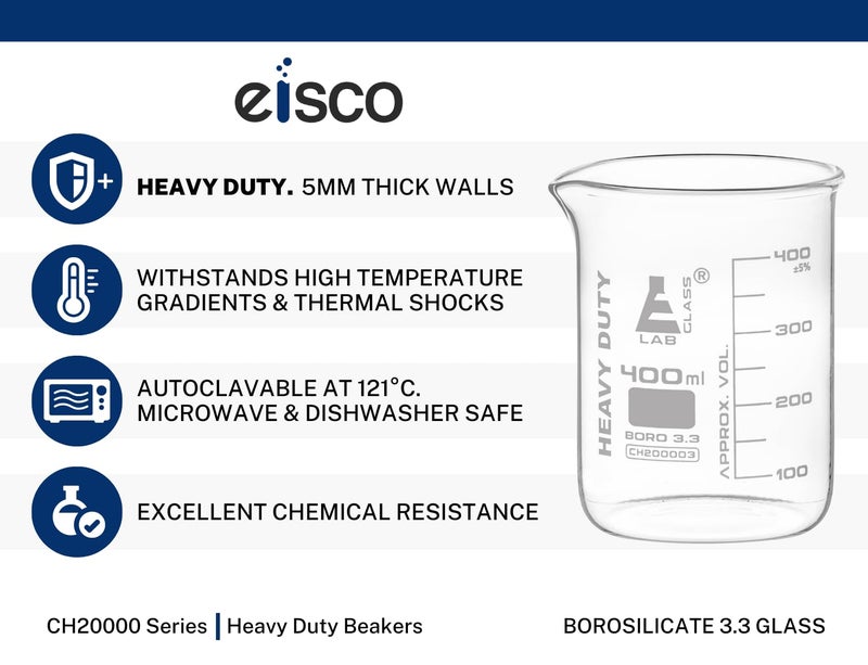 EISCO Heavy Duty Beaker, 50ml - 2.2mm Thick, Uniform Walls - Superior Durability & Chemical Resistance - White Graduations - Borosilicate 3.3 Glass - Image 3